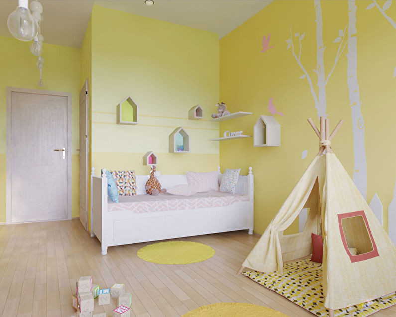 Petite chambre d'enfants dans des tons jaunes.