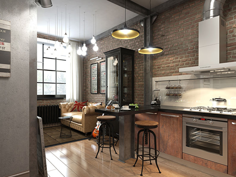 Conception d'une cuisine-salon dans le style loft - photo