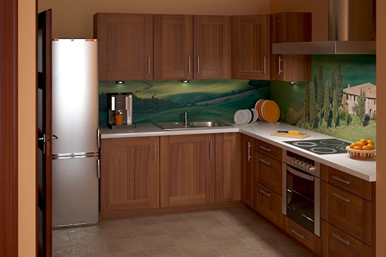 Virtuves dizains 9 kv.m. - fototapešu papīrs un fotopanele
