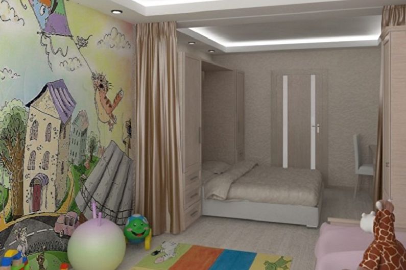 Noformējiet guļamistabu un bērnistabu vienā telpā - sienas dekorēšana