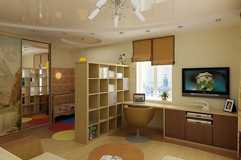 Noformējiet guļamistabu un bērnistabu vienā telpā - griestu apdare