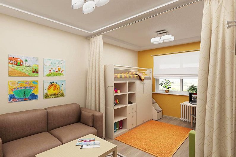 Noformējiet guļamistabu un bērnistabu vienā telpā - kā izvēlēties mēbeles