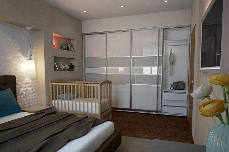 Guļamistabas un bērnistabas interjera dizains vienā telpā - foto