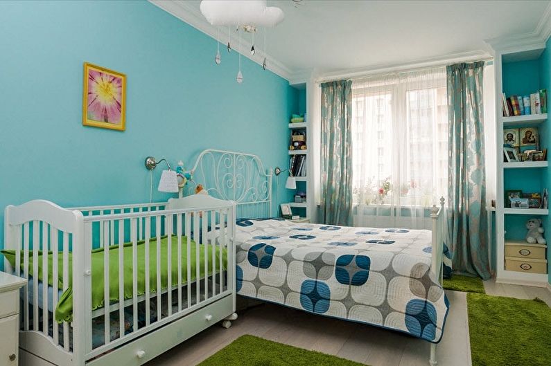 Guļamistabas un bērnistabas interjera dizains vienā telpā - foto