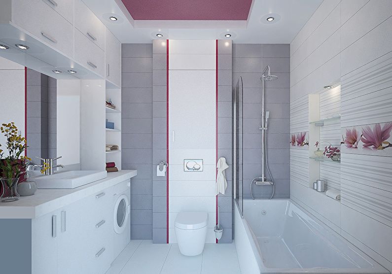 La combinaison de couleurs à l'intérieur de la salle de bain - gris avec blanc et rose
