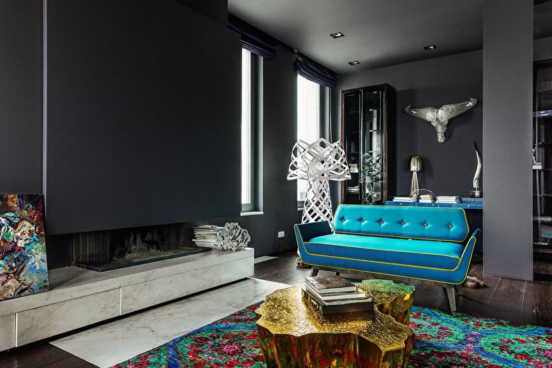 La combinaison de couleurs à l'intérieur du salon - noir avec turquoise