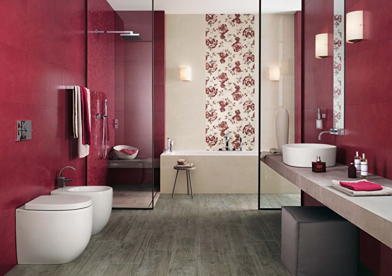 La combinaison de couleurs à l'intérieur de la salle de bain - rouge avec beige, gris et blanc