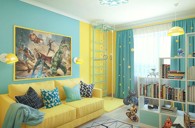 La combinaison de couleurs à l'intérieur de la chambre des enfants - jaune avec turquoise