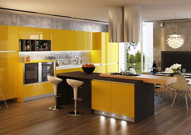 La combinaison de couleurs à l'intérieur de la cuisine - jaune avec brun, gris et blanc