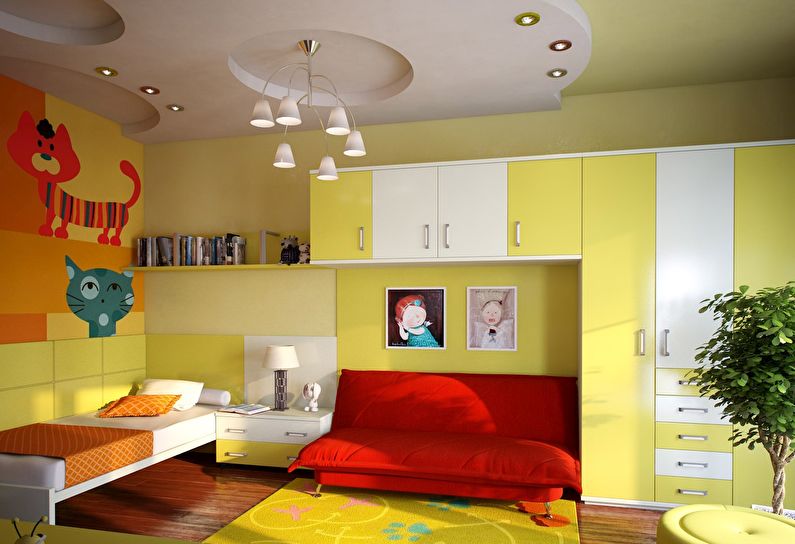 La combinaison de couleurs à l'intérieur de la chambre des enfants - jaune avec rouge et orange