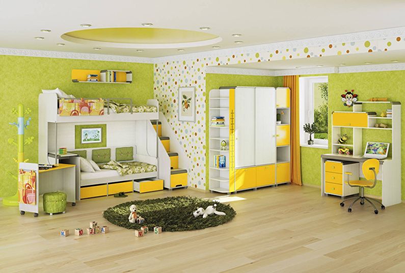 La combinaison de couleurs à l'intérieur de la chambre des enfants - vert avec jaune et blanc