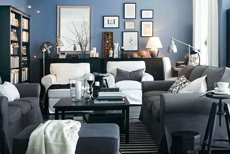 La combinaison de couleurs à l'intérieur du salon - bleu avec gris
