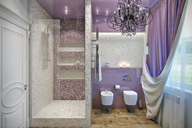 La combinaison de couleurs à l'intérieur de la salle de bain - violet avec beige et blanc