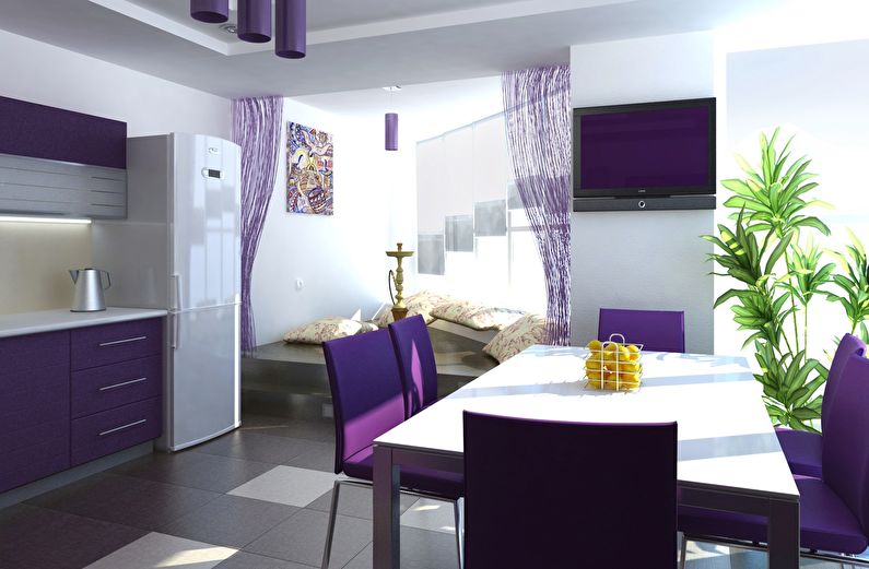La combinaison de couleurs à l'intérieur de la cuisine - violet avec blanc