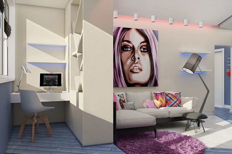 Conception d'un appartement d'une pièce dans le style du pop art