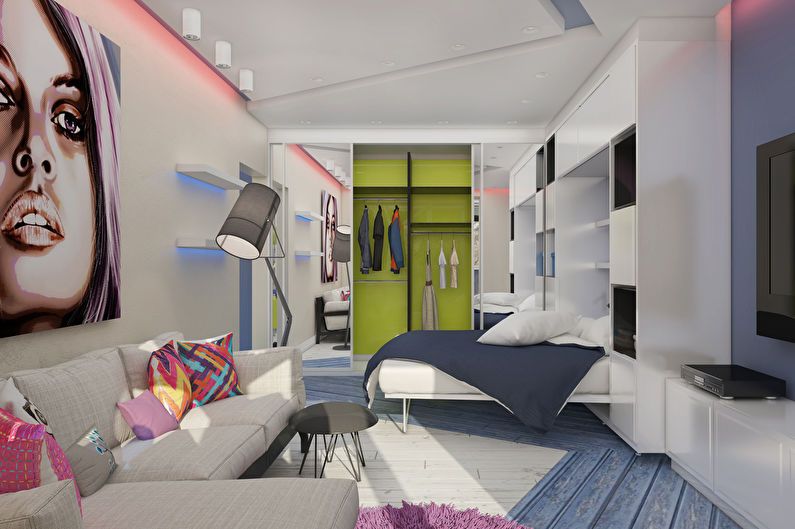 Conception d'un appartement d'une pièce dans le style du pop art