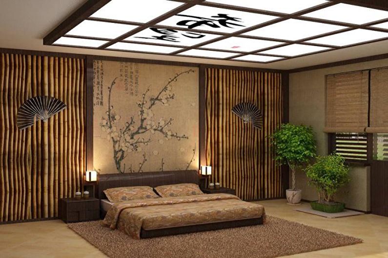 Japāņu stila smilškrāsas guļamistaba - interjera dizains