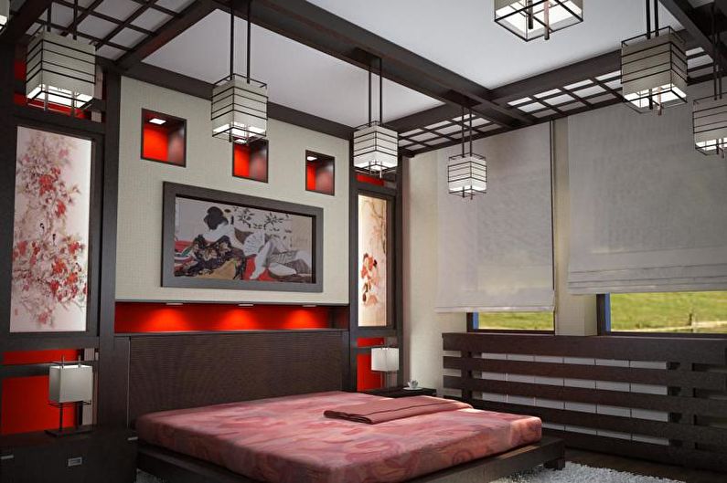 Japāņu stila sarkana guļamistaba - interjera dizains