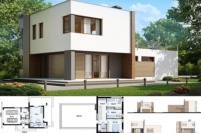 Conceptions de maisons modernes de style high-tech - Cottage à deux étages avec garage