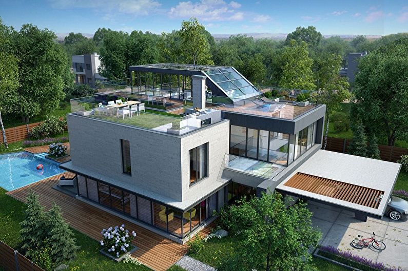 Conceptions de maisons modernes de haute technologie - Maison de haute technologie avec toit exploité
