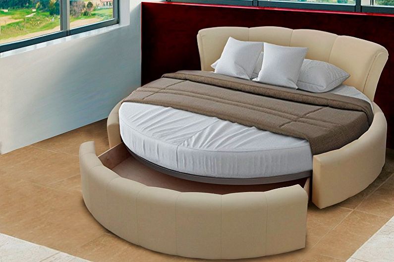 Apaļo gultu veidi guļamistabā - Apaļa gulta ar dažādām funkcijām