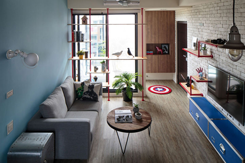 Tapetes zem ķieģeļa dzīvojamās istabas interjerā - Dizaina foto
