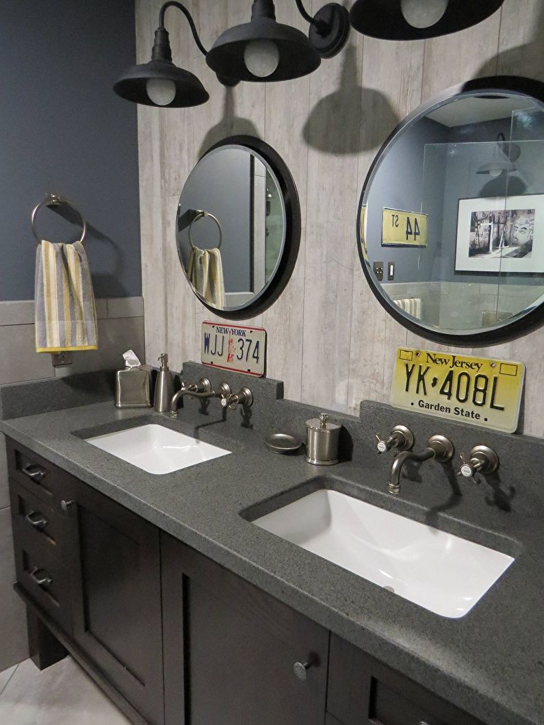 Loft Style vannas istabas dizains - dekors un apgaismojums