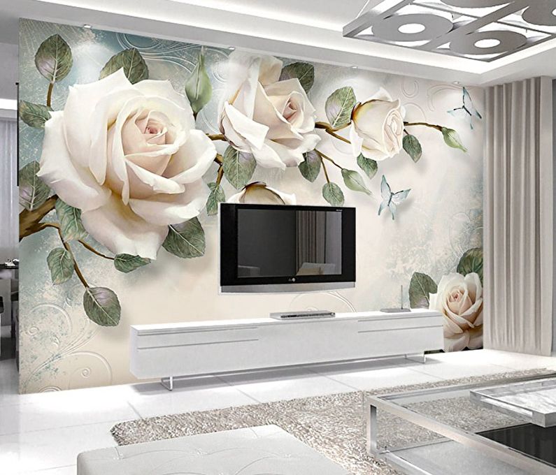 3D White rose wallpaper mural visual expansion of a room