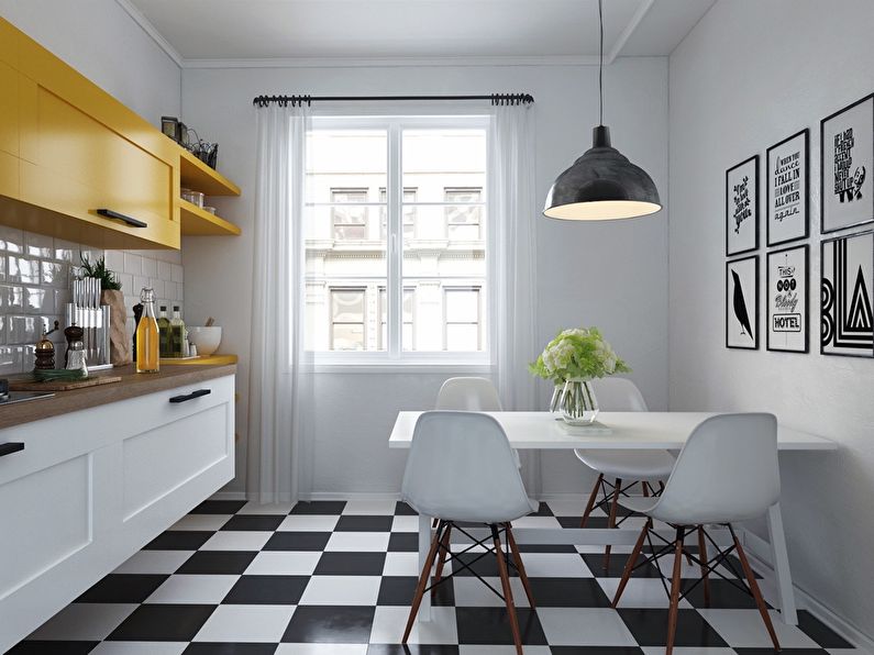 Plancher de cuisine de style scandinave - carreaux noir et blanc