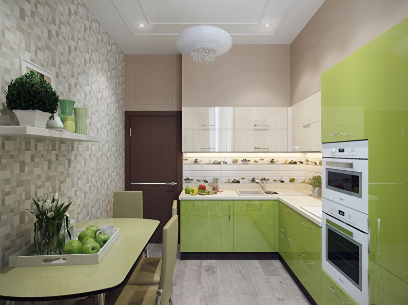 Papier peint beige pour une cuisine verte - design photo