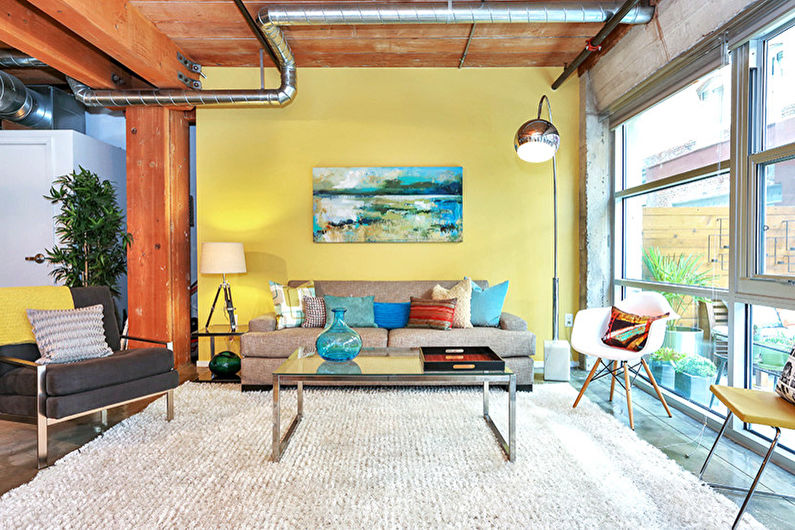 Salon de style loft jaune - Design d'intérieur