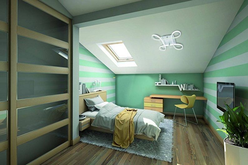 Bēniņu guļamistabas dizains - sienu dekorēšana