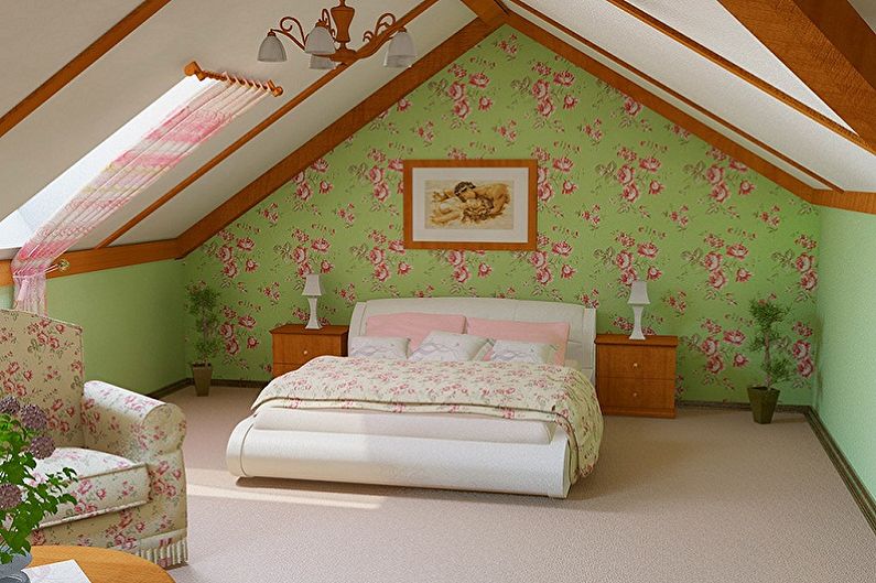 Bēniņu guļamistabas interjera dizains - foto