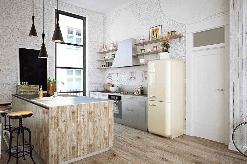 Balta virtuve bēniņu stilā - interjera dizains