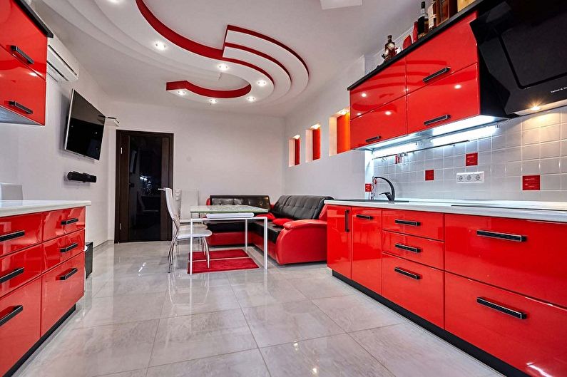 Sarkana virtuve minimālisma stilā - interjera dizains
